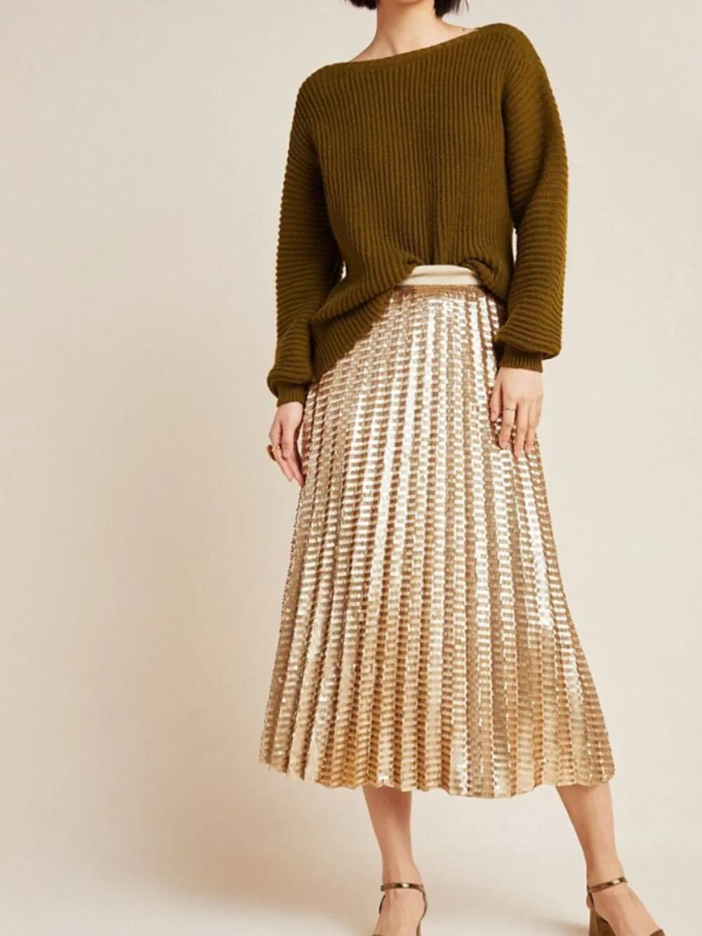 Maeve by Anthropologie Gold Natalia Sequined Midi Skirt Size 2 54474